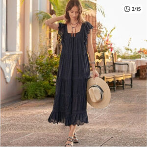 Women's Sundance Black Embroidered Ruffle Maxi Dress XS